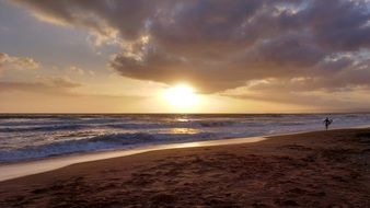 Sunset Beach Sea Clouds Surfer