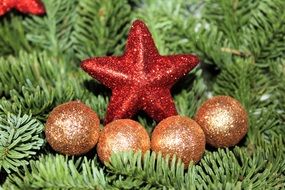 Christmas baubles on the green fir