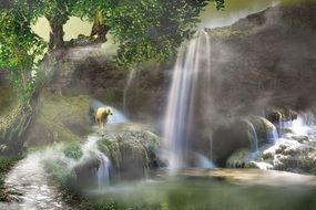 Digital Art Waterfall Forest