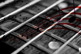 musical notes on guitar background