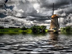 Windmill Clouds Water Landscape