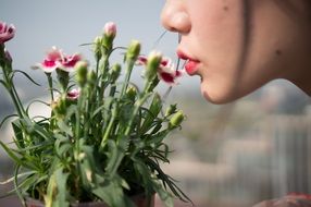 woman sniffing flowers