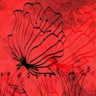 red background with floral artwork