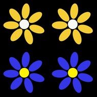 blue and yellow flowers on a black background