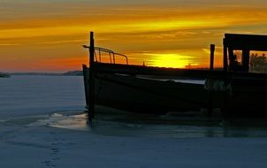 sunset on the frozen winter lake