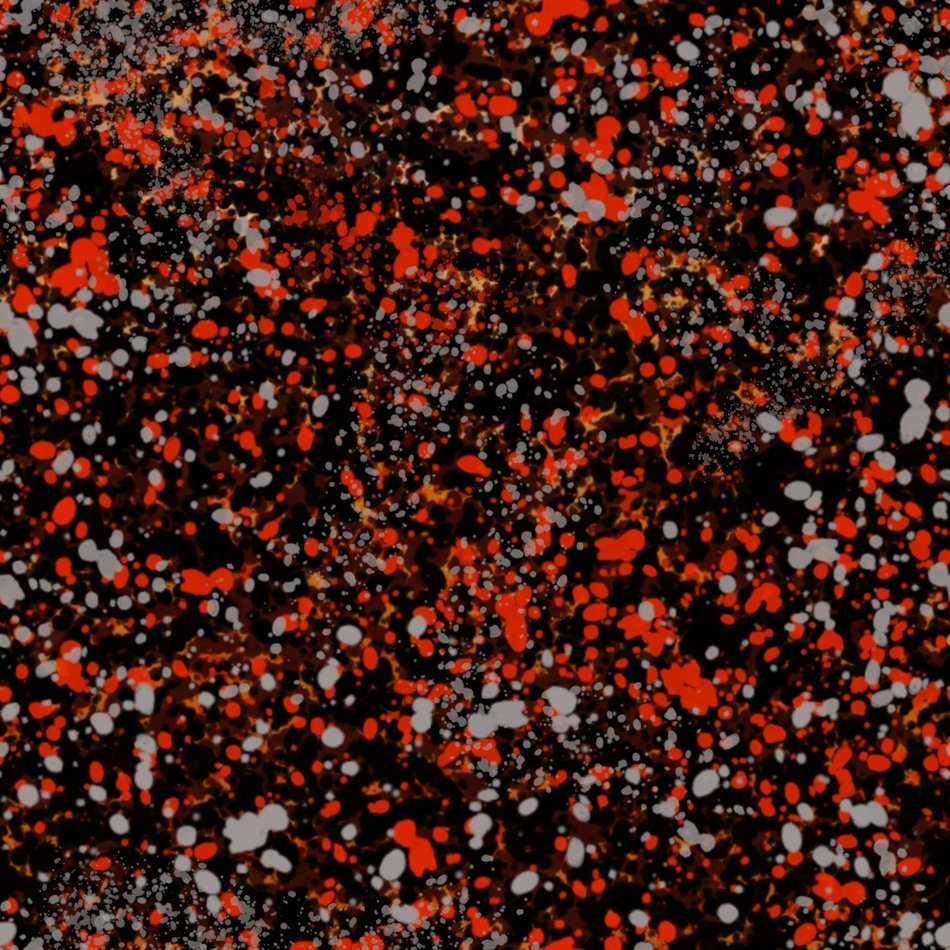 abstract red and grey splatters on the black background