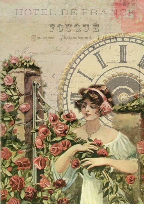 French Vintage Girl Roses Clock