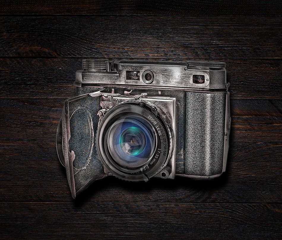 retro camera on gray background