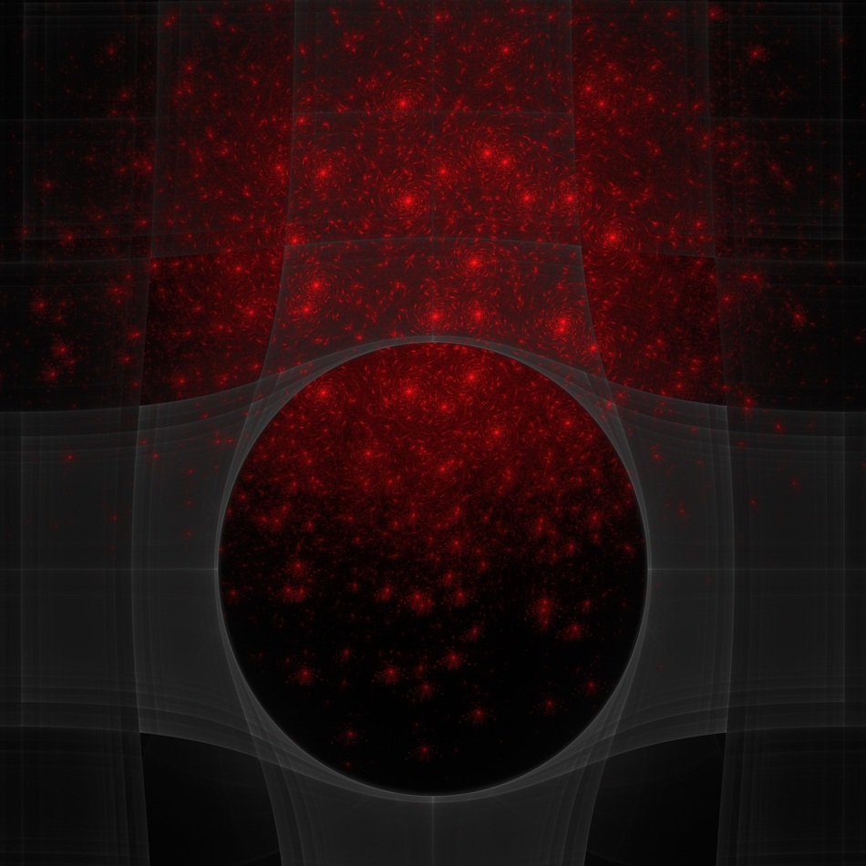 gray fractal on a black background with red dots