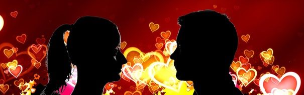 silhouette of a man and a woman on a red background with hearts