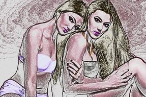 Twins Beautiful Sisters Drawing