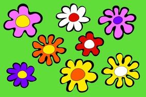 drawings of flowers on a green background