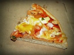 a piece of pizza on a cardboard box