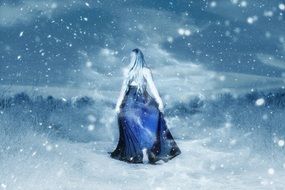 computer image of a girl in a ball gown in winter