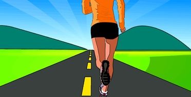 bright graphic image of a woman running along the road