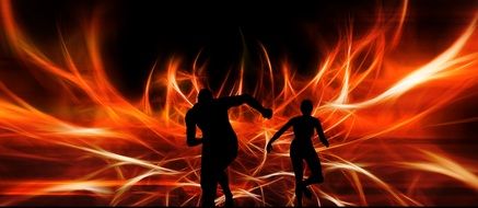 Silhouette Man Woman in red flame drawing