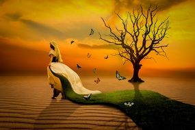 fantastic drawing of a girl in a white dress in the dunes