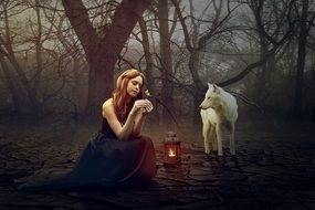 Wolf and Woman in Fantasy Forest