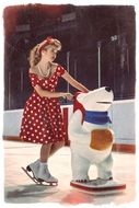 girl in retro dress skates on ice with a toy bear
