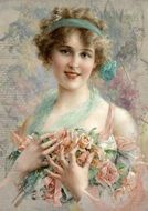 vintage portrait of a girl with a bouquet of tea roses