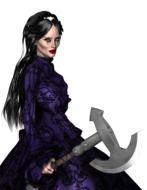 girl in a purple dress with an ax in her hands