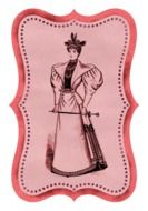 pink postcard with a woman of victorian era