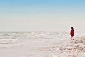 girl in a red dress on the shore of the ocean