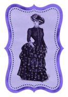 blue postcard with a woman of victorian era