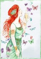 Vintage painting, Lady in Green dress with wine glass in hand looking at Butterflies