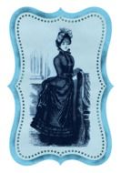 light blue postcard with a woman of victorian era