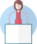 cartoon woman stands behind blank board