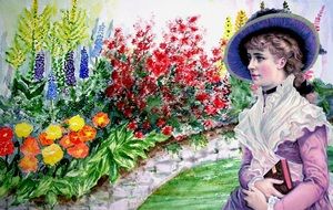 graphic image of a victorian woman in a bright garden