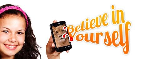 happy girl with lioness on phone, believe in yourself, motivation