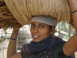 indian woman carries hay on her head