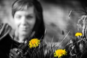 greyscale unfocused woman face behind Yellow Dandelions