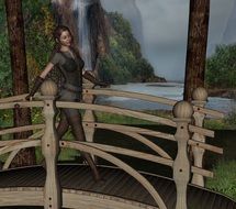 woman walking on bridge, render