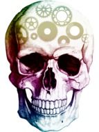 drawing of a skull with gears