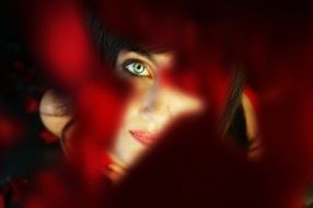 woman face behind red roses