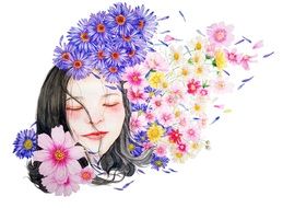 pretty woman face among colorful flower, Watercolor painting