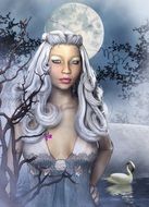 drawing of a girl in the frost on a background of the moon