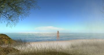 Naked Woman stands on beach looking at sea, artwork