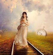 Fantasy girl standing on the railroad tracks