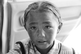 Tibetan Child Girl, black and white portrait