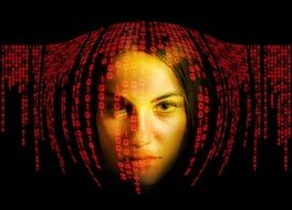 Woman Face under red Binary code