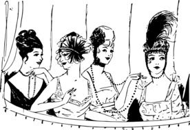 Black and white drawing of the women in the clothes and feathers