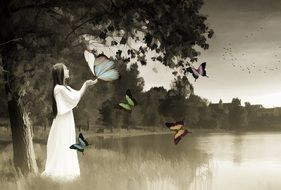 girl in a white dress with butterflies