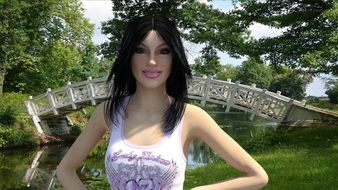 woman near the bridge in the park as a 3d model