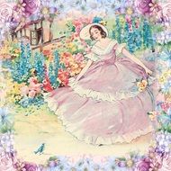 beautiful Lady in blooming garden, Vintage Drawing