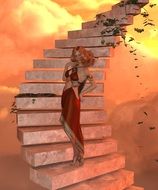 beautiful girl on an abstract staircase as a 3D model