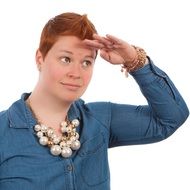 watching woman with short red hairs